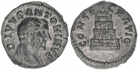 Antoninus Pius 138-161
Römisches Reich - Kaiserzeit. Denar, 161. Av. Kopf nach rechts DIVVS ANTONINVS Rv. Scheiterhaufen CONSECRATIO
Rom
3,31g
RIC 438...