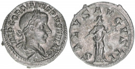 Gordianus III. Pius 238-244
Römisches Reich - Kaiserzeit. Denar. Av. Kopf nach rechts, IMP GORDIANVS PIVS FEL AVG, Rv. Salus nach rechts stehend SALVS...