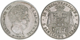 Christian VIII.
Dänemark. 5 Schilling-16 Rigsbankskilling, 1842. 4,2g
Sieg 10, Hede 6
vz-