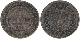 Karl Felix 1821-1831
Italien, Sardinien. 1 Centimos, 1826. 1,90g
Khant/Schön 15
ss
