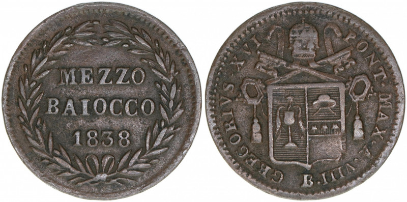 Papst Gregor XVI.
Kirchenstaat. Mezzo Baiocco, 1838. 4,41g
Khant/Schön 43
ss/vz