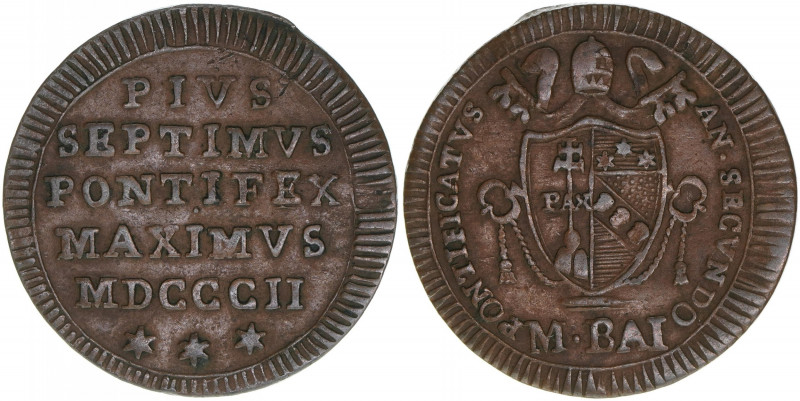 Papst Pius VII.
Kirchenstaat. Mezzo Baiocco, 1802. 5,27g
Khant/Schön 2
ss