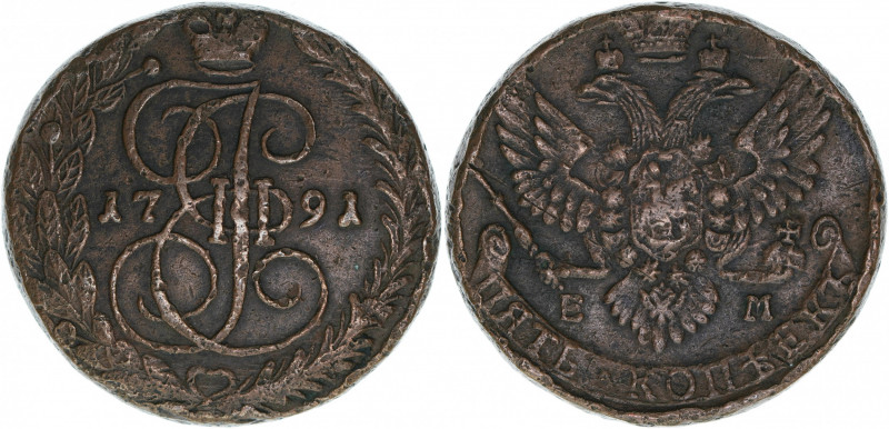 Katharina II. 1762 - 1796
Rußland. 5 Kopeken, 1791 EM. Ekaterinburg
57,13g
C# 59...