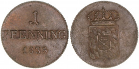 Ludwig I. 1825-1848
Bayern. Pfennig, 1835. 1 / PFENNING / 1835 - gekrönter Schild des 2. Königswappens
1,30g
AKS 93
vz/stfr