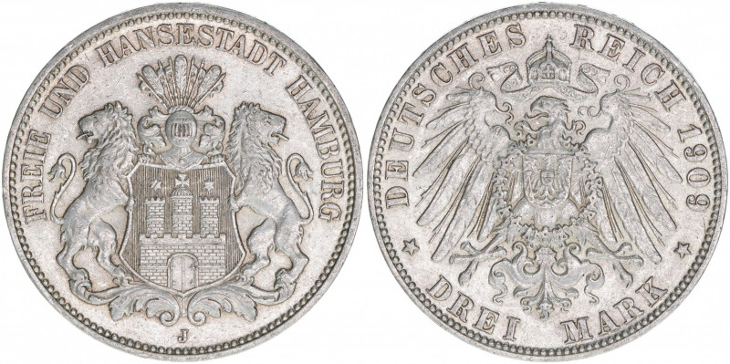 Freie Reichsstadt
Hansestadt Hamburg. 3 Mark, 1909 J. 16,72g
AKS 46
ss/vz