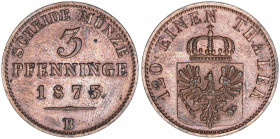 Friedrich Wilhelm III. 1797-1840
Preussen. 3 Pfennige, 1873 B. 4,55g
AKS 106
vz-