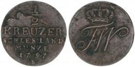 Friedrich Wilhelm III. 1797-1840
Brandenburg Preussen. 1/2 Kreuzer, 1797 B. Breslau
3,94g
ss
