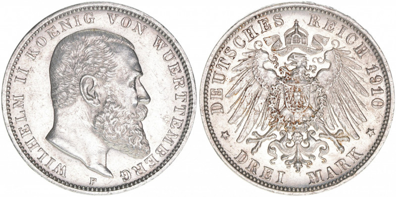 Wilhelm II. 1888-1918
Württemberg. 3 Mark, 1910 F. 16,65g
AKS 144
ss/vz