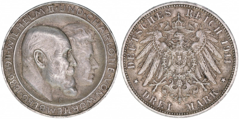 Wilhelm II. und Charlotte
Württemberg. 3 Mark, 1911 F. 16,74g
AKS 146
ss/vz