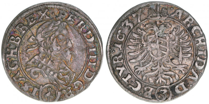 Ferdinand III. 1637-1657
3 Kreuzer, 1637. Wien
1,54g
Herinek 674
ss