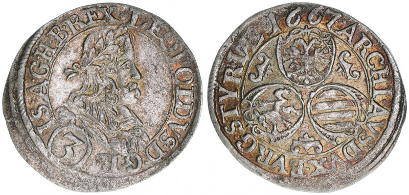 Leopold I. 1658-1705
3 Kreuzer, 1667. Graz
1,60g
Herinek 1339
ss/vz