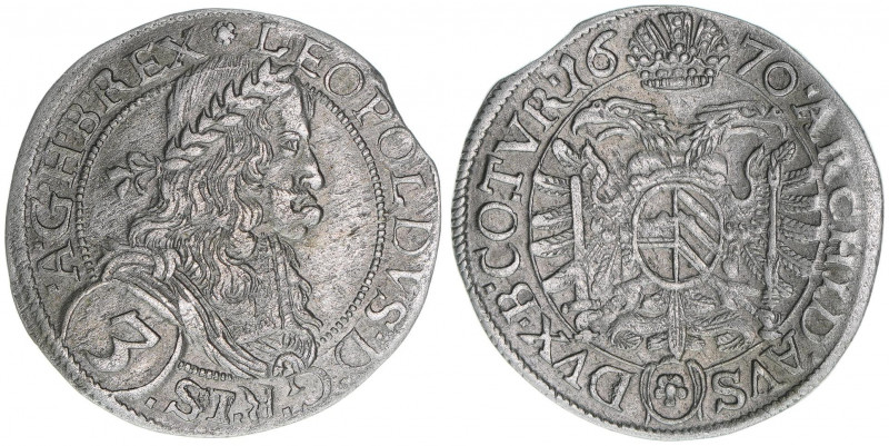 Leopold I. 1658-1705
3 Kreuzer, 1670. Wien
1,60g
Herinek 1317
ss+