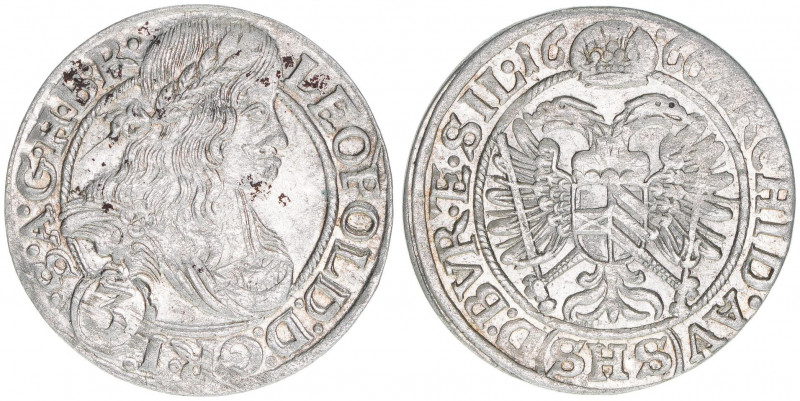 Leopold I. 1658-1705
3 Kreuzer, 1666 SHS. Breslau
1,63g
Herinek 1535
ss