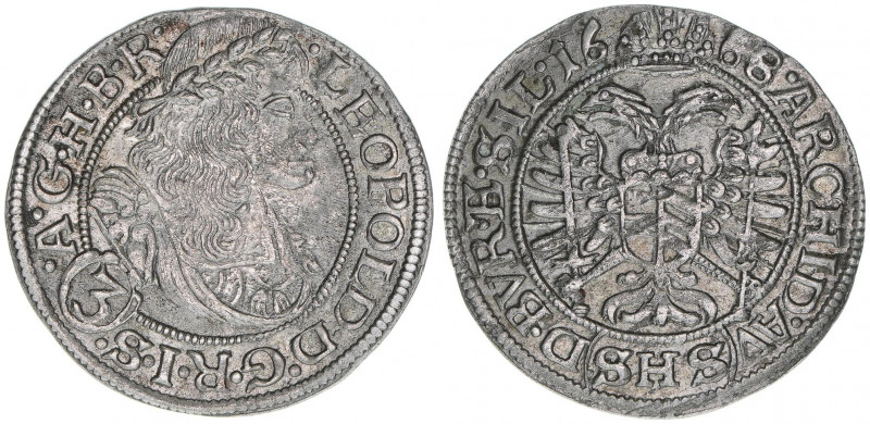 Leopold I. 1658-1705
3 Kreuzer, 1668 SHS. Breslau
1,68g
Herinek 1537
ss/vz