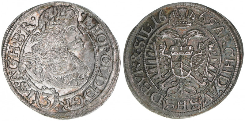 Leopold I. 1658-1705
3 Kreuzer, 1669 SHS. Breslau
1,61g
Herinek 1538
vz