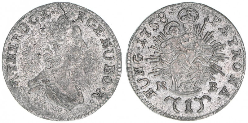 Maria Theresia 1740-1780
1 Kreuzer, 1758 KB. Kremnitz
0,75g
Herinek 1491
ss/vz