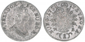 Maria Theresia 1740-1780
1 Kreuzer, 1758 KB. Kremnitz
0,75g
Herinek 1491
ss/vz