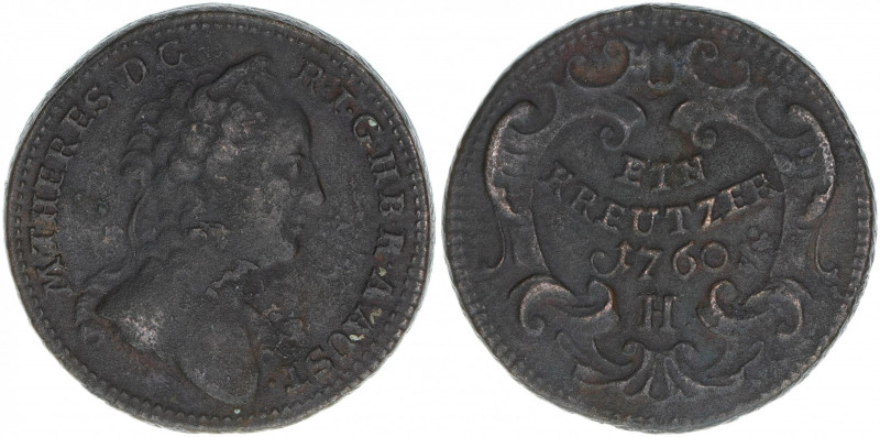 Maria Theresia 1740-1780
1 Kreuzer, 1760 H. Hall
11,55g
Eypeltauer 165
ss+