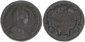 Maria Theresia 1740-1780
1/4 Kreuzer, 1777 S. Schmöllnitz
1,87g
Herinek 1648
ss