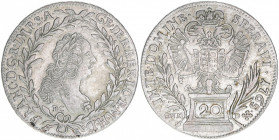 Franz I. Stephan 1745-1765
20 Kreuzer, 1765 BC / EVM-D. Variante EVM statt EvM - sehr selten
Kremnitz
6,61g
ANK 18 var.
vz-