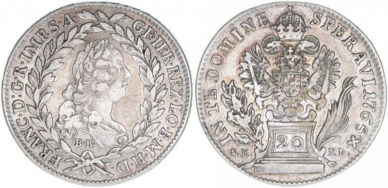 Franz I. Stephan 1745-1765
20 Kreuzer, 1765 BK / SK-PD. Kremnitz
6,55g
ANK 18
ss...