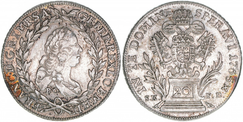 Franz I. Stephan 1745-1765
20 Kreuzer, 1765 BO / SK-PD. Kremnitz
6,65g
ANK 18
ss...
