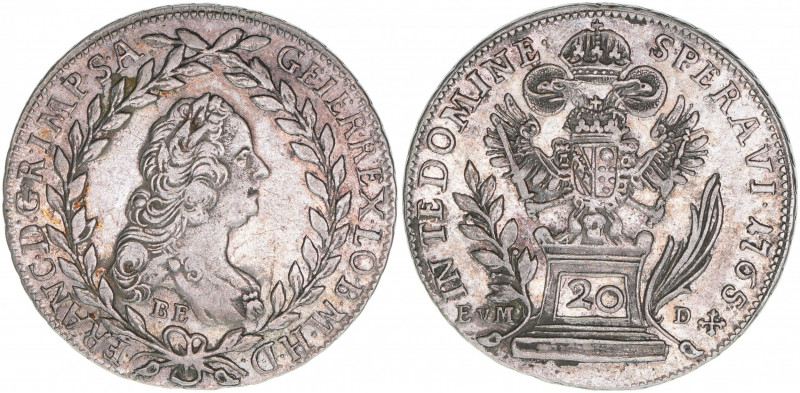 Franz I. Stephan 1745-1765
20 Kreuzer, 1765 BE / EvM-D. Kremnitz
6,61g
ANK 18
vz...