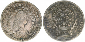 Franz I. Stephan 1745-1765
20 Kreuzer, 1765 BG / EvM-D. Kremnitz
6,48g
ANK 18
ss+