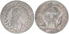 Franz I. Stephan 1745-1765
20 Kreuzer, 1765 BH/EVM-D. Kremnitz
6,59g
ANK 18var EVM statt EvM
ss/vz