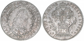Franz I. Stephan 1745-1765
20 Kreuzer, 1765 BO/SK-PD. Kremnitz
6,57g
ANK 18
ss