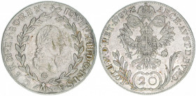 Joseph II. 1780-1790
20 Kreuzer, 1787 G. Nagybanya
6,62g
ANK 12
ss+