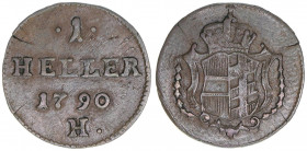 Joseph II. 1780-1790
1 Heller, 1790 H. sehr selten
Hall
0,72g
KM#5
ss