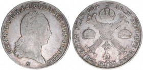 Kaiser Franz (II.) I.1792-1835
Kronentaler, 1794 H. Günzburg
29,26g
ANK 105
ss