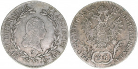 Kaiser Franz (II.) I.1792-1835
20 Kreuzer, 1808 C. Prag
6,57g
ANK 42
ss+