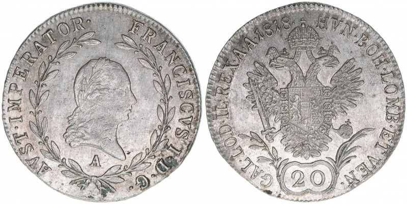 Kaiser Franz (II.) I.1792-1835
20 Kreuzer, 1818 A. Wien
6,66g
ANK 44
ss/vz