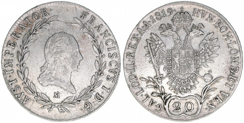 Kaiser Franz (II.) I.1792-1835
20 Kreuzer, 1819 M. Mailand
6,61g
ANK 44
ss