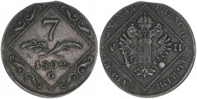 Kaiser Franz (II.) I.1792-1835
7 Kreuzer, 1802 G. Nagybanya
4,74g
ANK 22
ss+