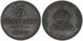 Kaiser Franz (II.) I.1792-1835
3 Centesimi, 1822 M. Mailand
5,30g
ANK 91
ss
