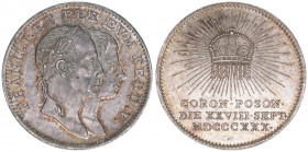 Kaiser Franz I. und Ferdinand V.
Krönungsjeton, 1830. auf die ungarische Krönung in Pressburg
3,27g
Montenuovo 2516
vz-