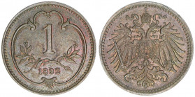 Kaiser Franz Joseph I. 1848-1916
1 Heller, 1892. Auflage ca. 1000 Stück, äußerst seltener Jahrgang
1,61g
ANK 58
vz