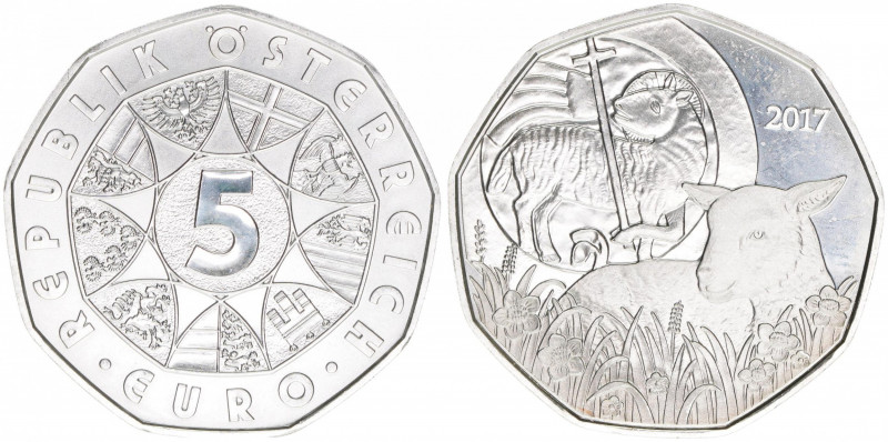 Sondergedenkmünze
2. Republik ab 1945. 5 Euro, 2017. Osterlamm
Wien
stfr