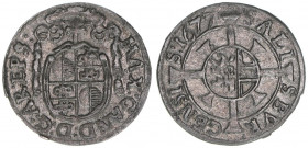 Max Gandolph Graf Kuenburg 1668-1687
Erzbistum Salzburg. 1 Kreuzer, 1677. Salzburg
0,70g
Zöttl 2048, Probszt 1704
ss