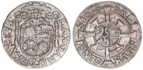 Max Gandolph Graf Kuenburg 1668-1687
Erzbistum Salzburg. 1 Kreuzer, 1678. Salzburg
0,74g
Zöttl 2049, Probszt 1705
ss