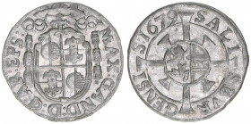 Max Gandolph Graf Kuenburg 1668-1687
Erzbistum Salzburg. 1 Kreuzer, 1679. Salzburg
0,69g
Zöttl 2050, Probszt 1706
ss/vz