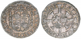 Max Gandolph Graf Kuenburg 1668-1687
Erzbistum Salzburg. 1 Kreuzer, 1681. Salzburg
0,58g
Zöttl 2052, Probszt 1708
ss