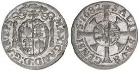 Max Gandolph Graf Kuenburg 1668-1687
Erzbistum Salzburg. 1 Kreuzer, 1682. Salzburg
0,73g
Zöttl 2053, Probszt 1709
ss+