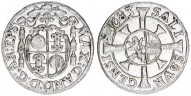 Max Gandolph Graf Kuenburg 1668-1687
Erzbistum Salzburg. 1 Kreuzer, 1683. Salzburg
0,82g
Zöttl 2054, Probszt 1710
vz