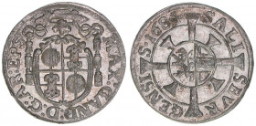 Max Gandolph Graf Kuenburg 1668-1687
Erzbistum Salzburg. 1 Kreuzer, 1684. Salzburg
0,81g
Zöttl 2055, Probszt 1711
ss/vz