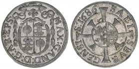 Max Gandolph Graf Kuenburg 1668-1687
Erzbistum Salzburg. 1 Kreuzer, 1686. Salzburg
0,79g
Zöttl 2057, Probszt 1713
vz