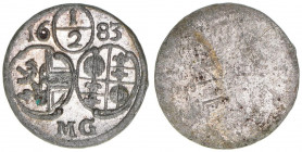 Max Gandolph Graf Kuenburg 1668-1687
Erzbistum Salzburg. 1/2 Kreuzer, 1683. Salzburg
0,49g
Zöttl 2063, Probszt 1719
vz